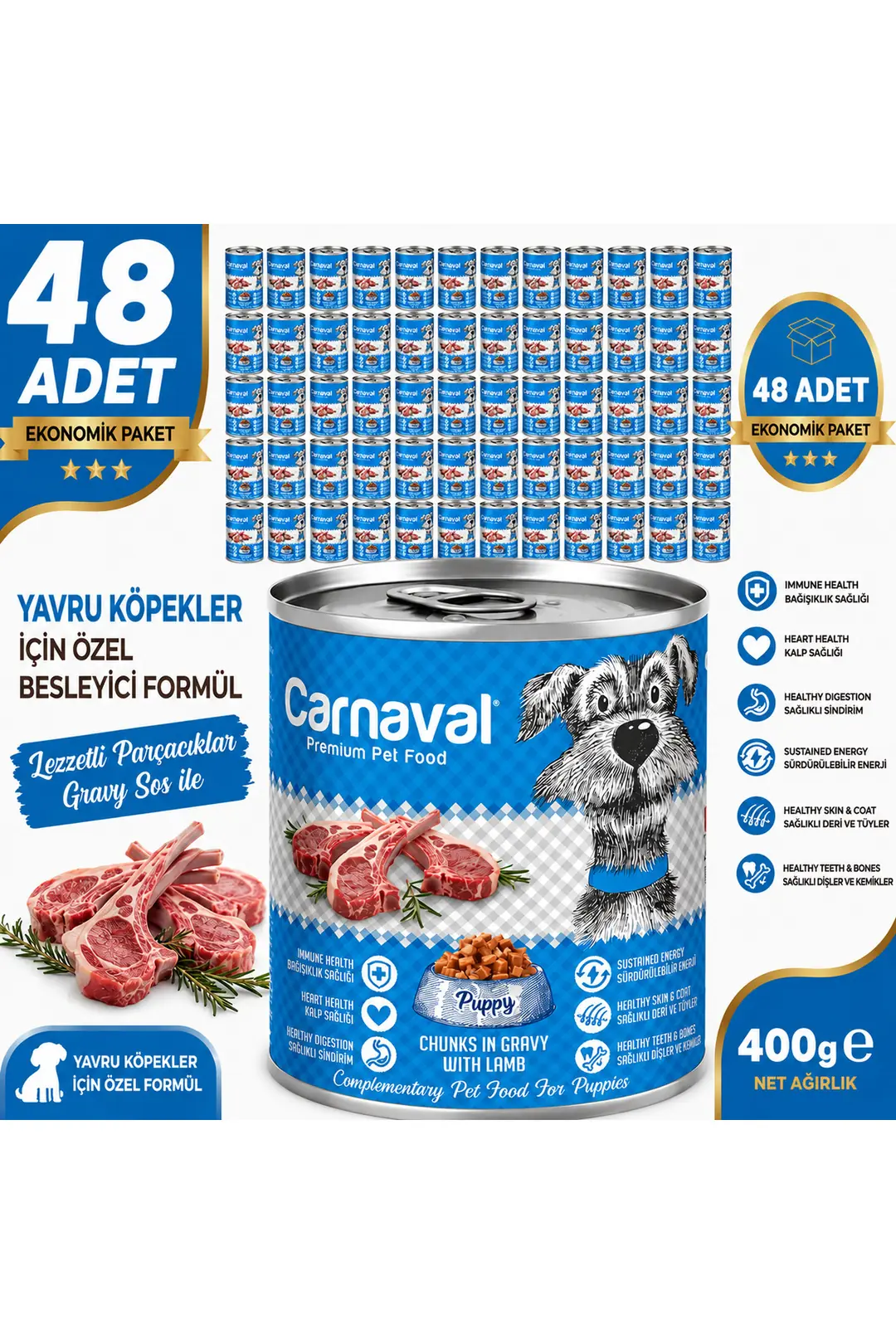 Kaliteli Yaş Mama 48 Adet Yavru Köpek Konservesi - Kuzu Etli 400 gr