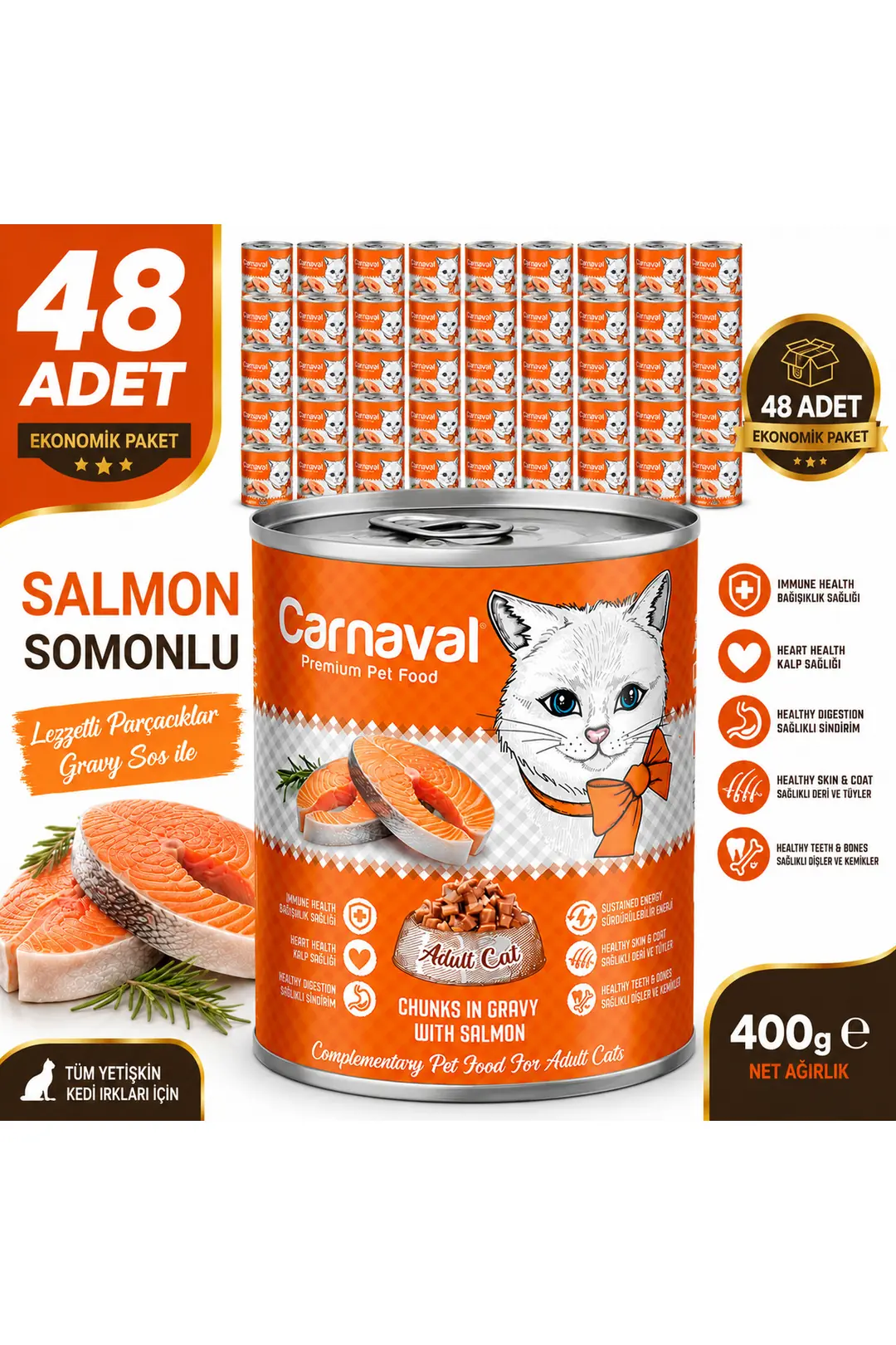 Kaliteli Yaş Mama 48 Adet Yetişkin Kedi Konservesi - Somon Balıklı 400 gr
