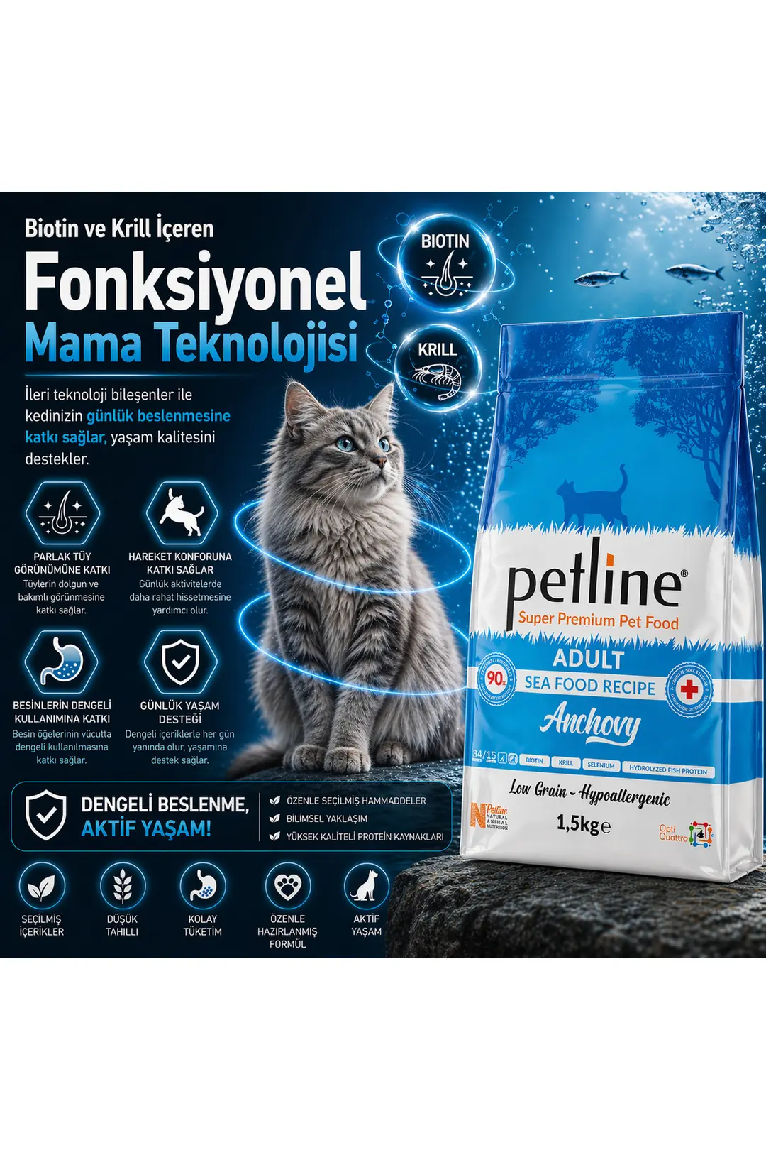 Yerli Karadeniz Hamsili - Balıklı Yetişkin Kedi Maması 1.5 Kg - Anchovy