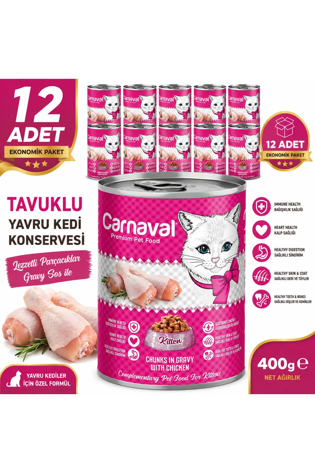 Premium Yavru Kedi Konservesi Tavuklu 400 Gr X 12 adet