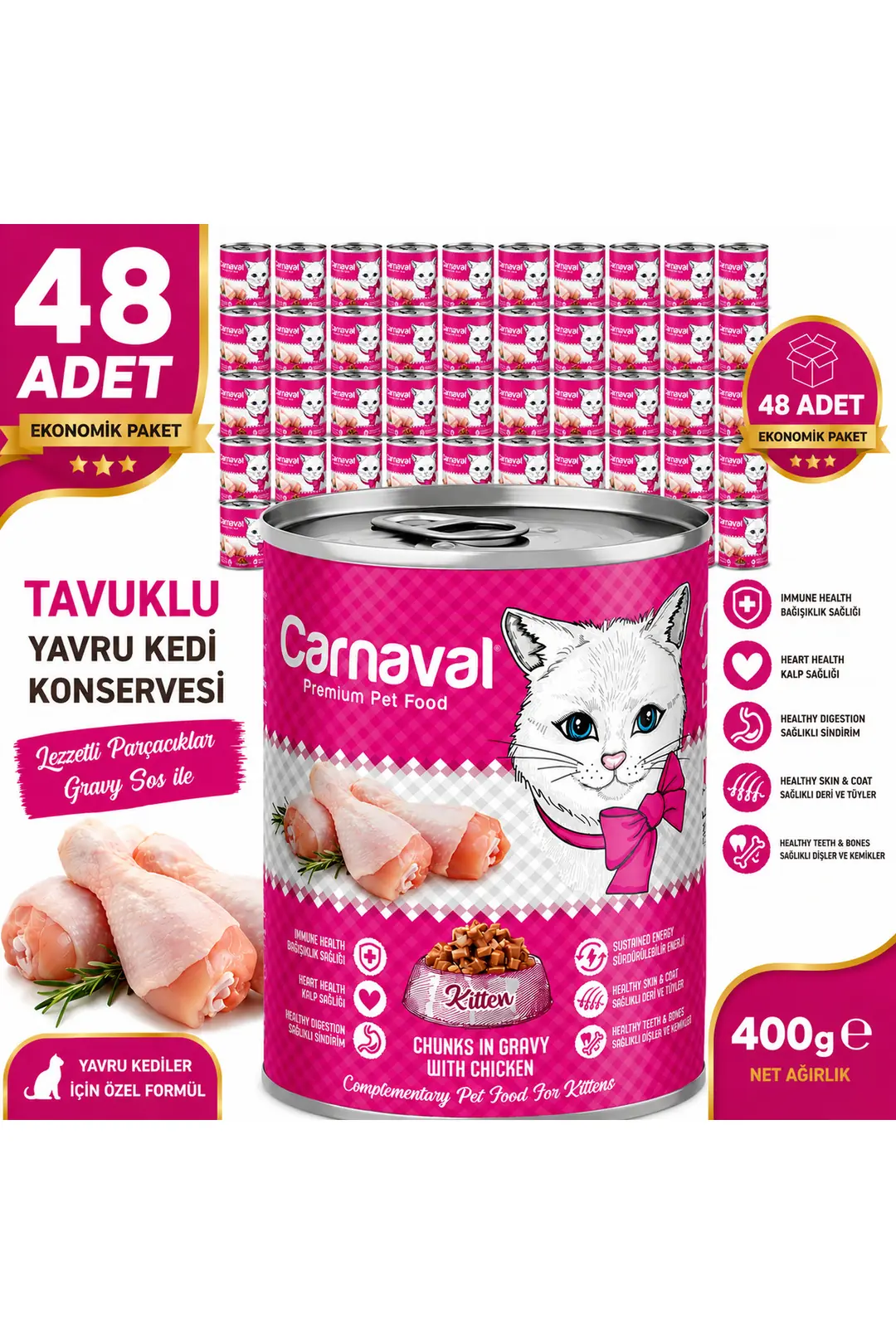 Kaliteli Yaş Mama 48 Adet Yavru Kedi Konservesi - Tavuklu 400 gr