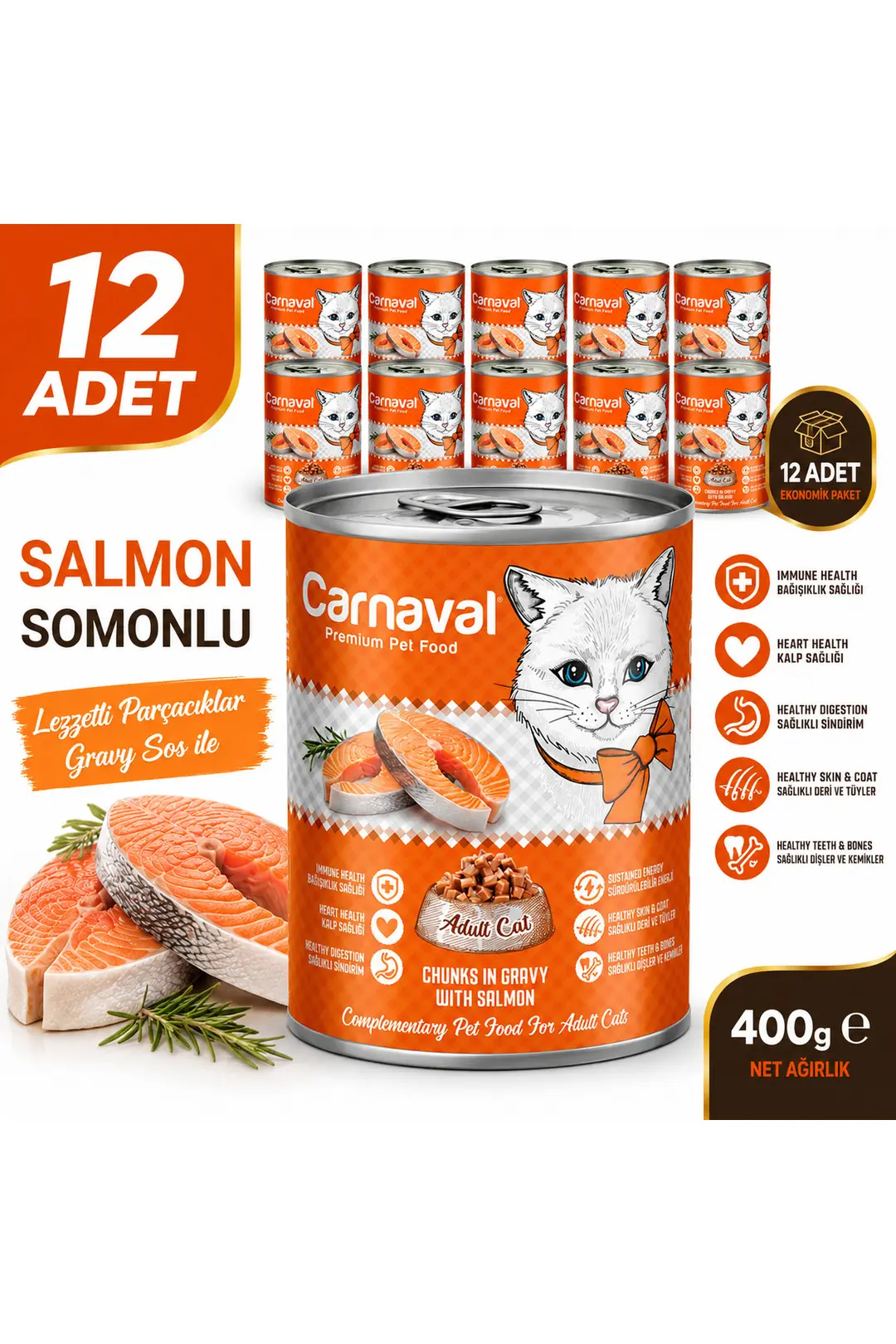 Premium Yetişkin Kedi Konservesi Somon Balıklı 400 gr X 12 Adet