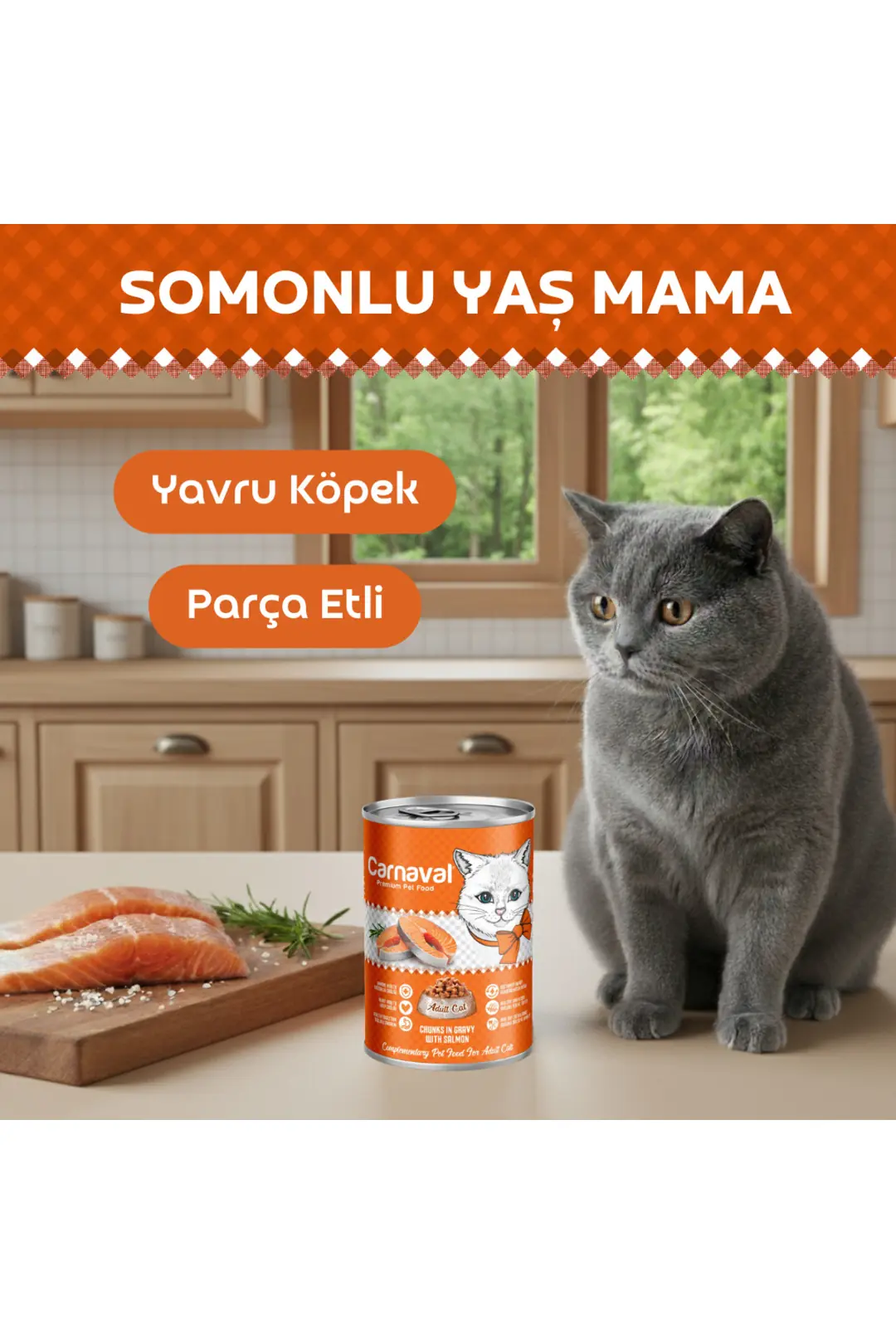 Kaliteli Yaş Mama 48 Adet Yetişkin Kedi Konservesi - Somon Balıklı 400 gr