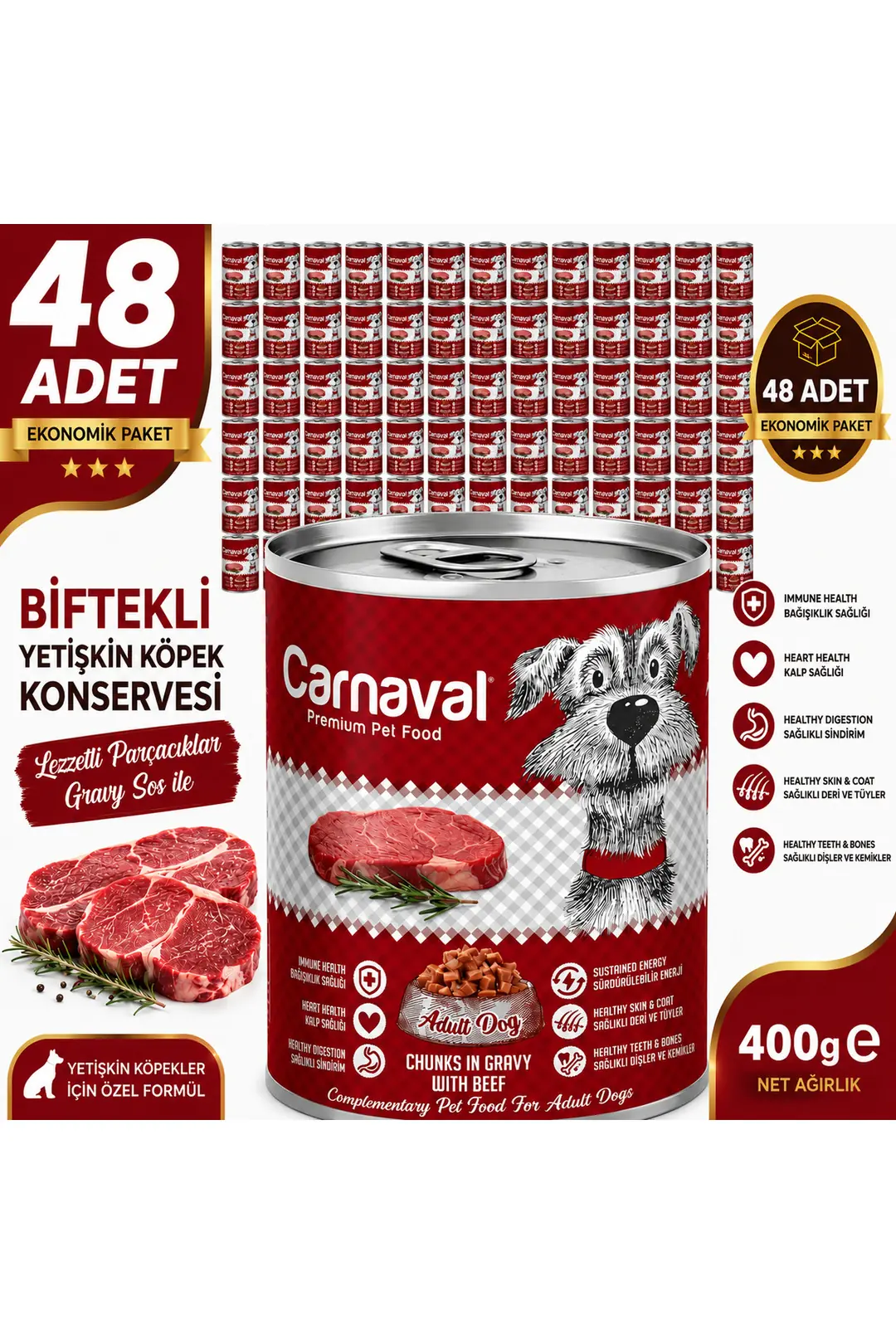 Ekonomik 48 Adet Yetişkin Köpek Konservesi - Biftekli 400 Gr