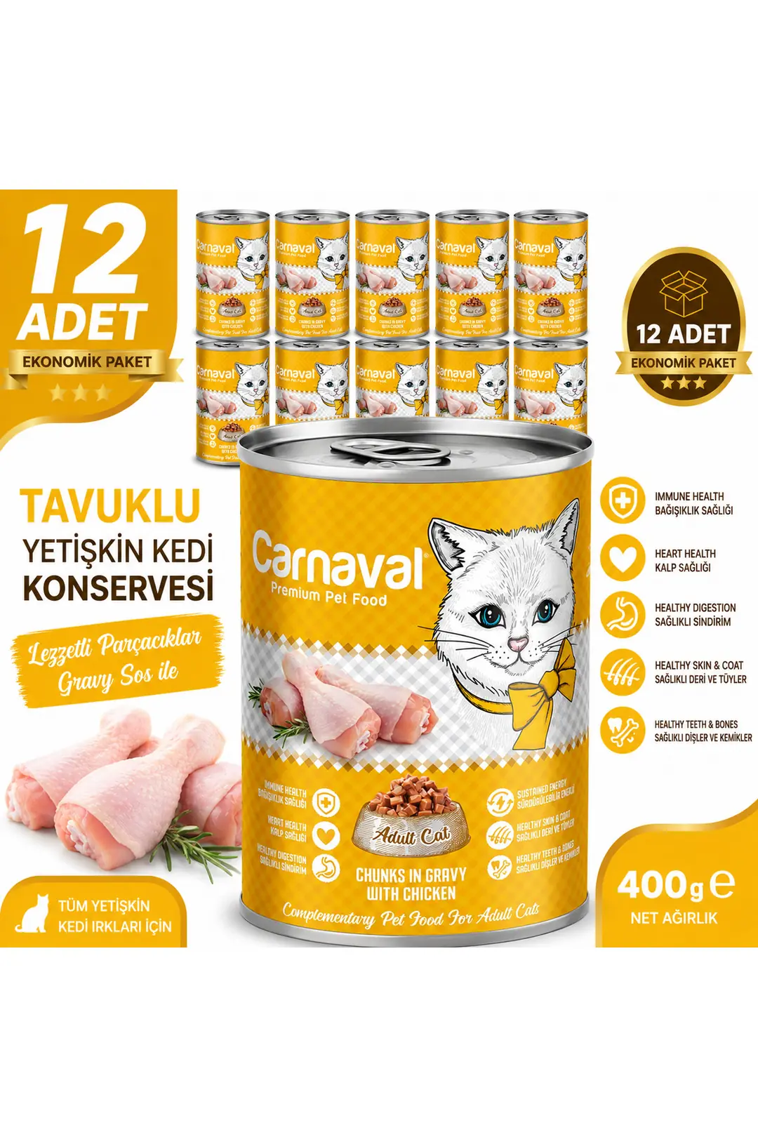 Premium Yetişkin Kedi Konservesi Tavuklu 400 gr X 12 Adet