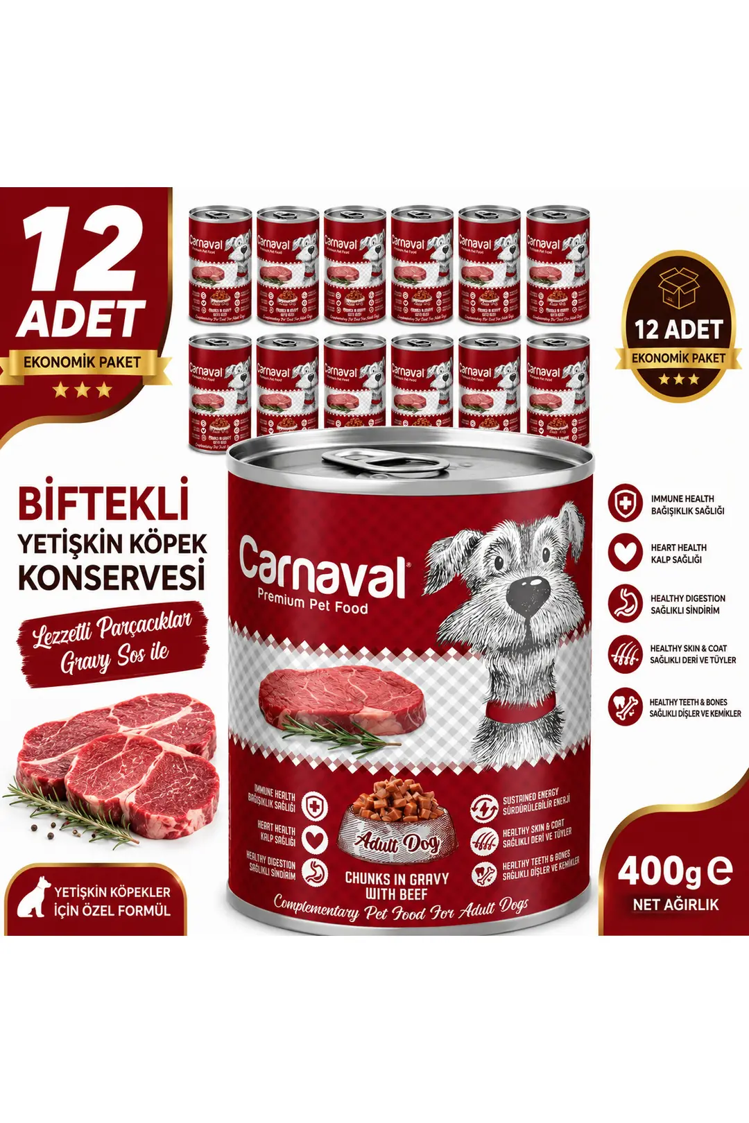 Premium Yetişkin Köpek Konservesi Biftekli 400 gr X 12 Adet
