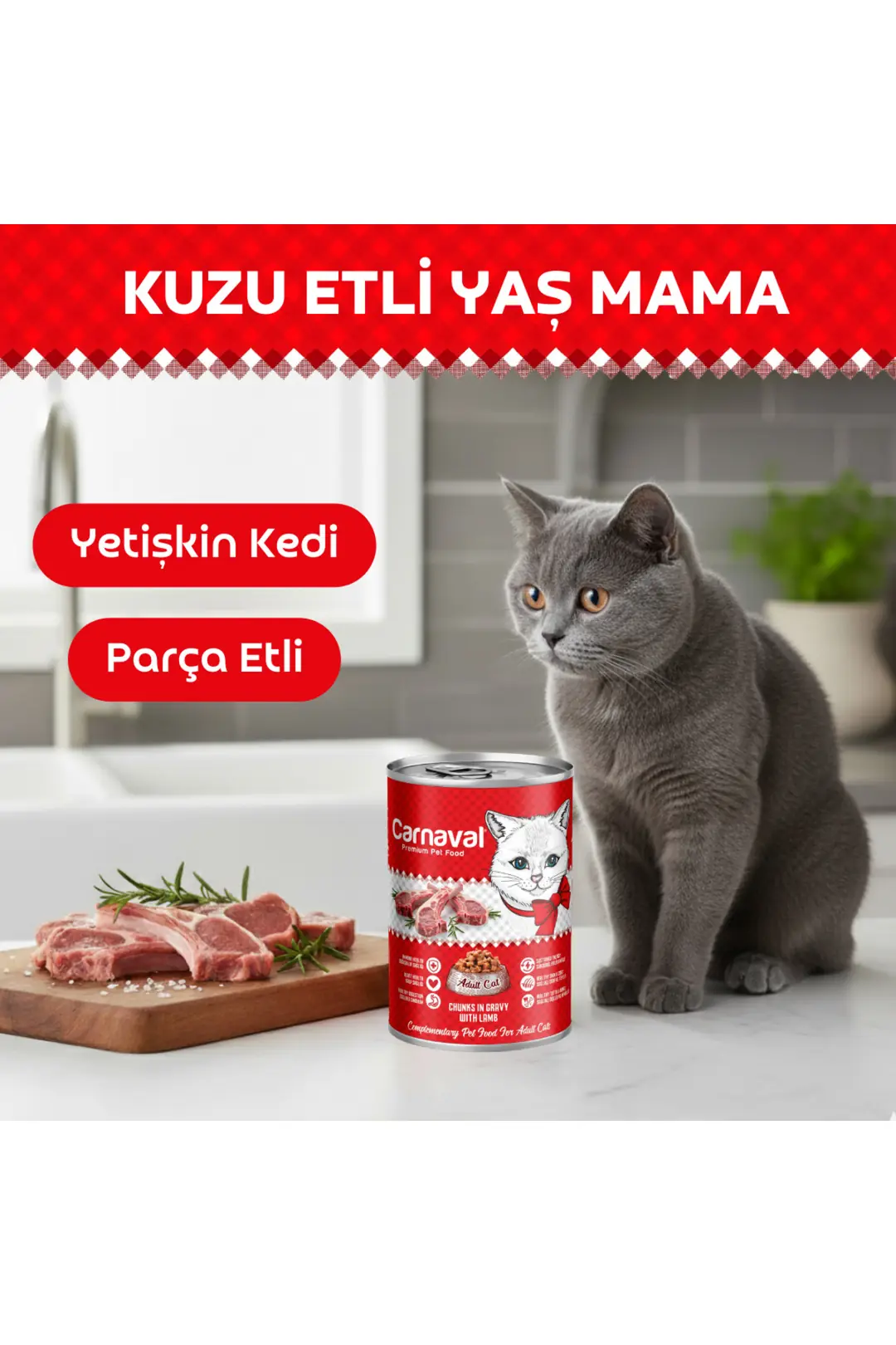 Premium Yetişkin Kedi Konservesi Kuzu Etli 400 gr X 12 Adet