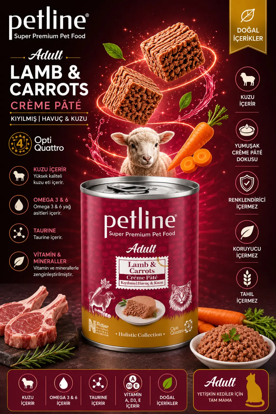 Gold Opti Quattro Nutrition™ Adult Lamb & Carrots Crème Pâté Yetişkin Kedi Konservesi 395 Gr