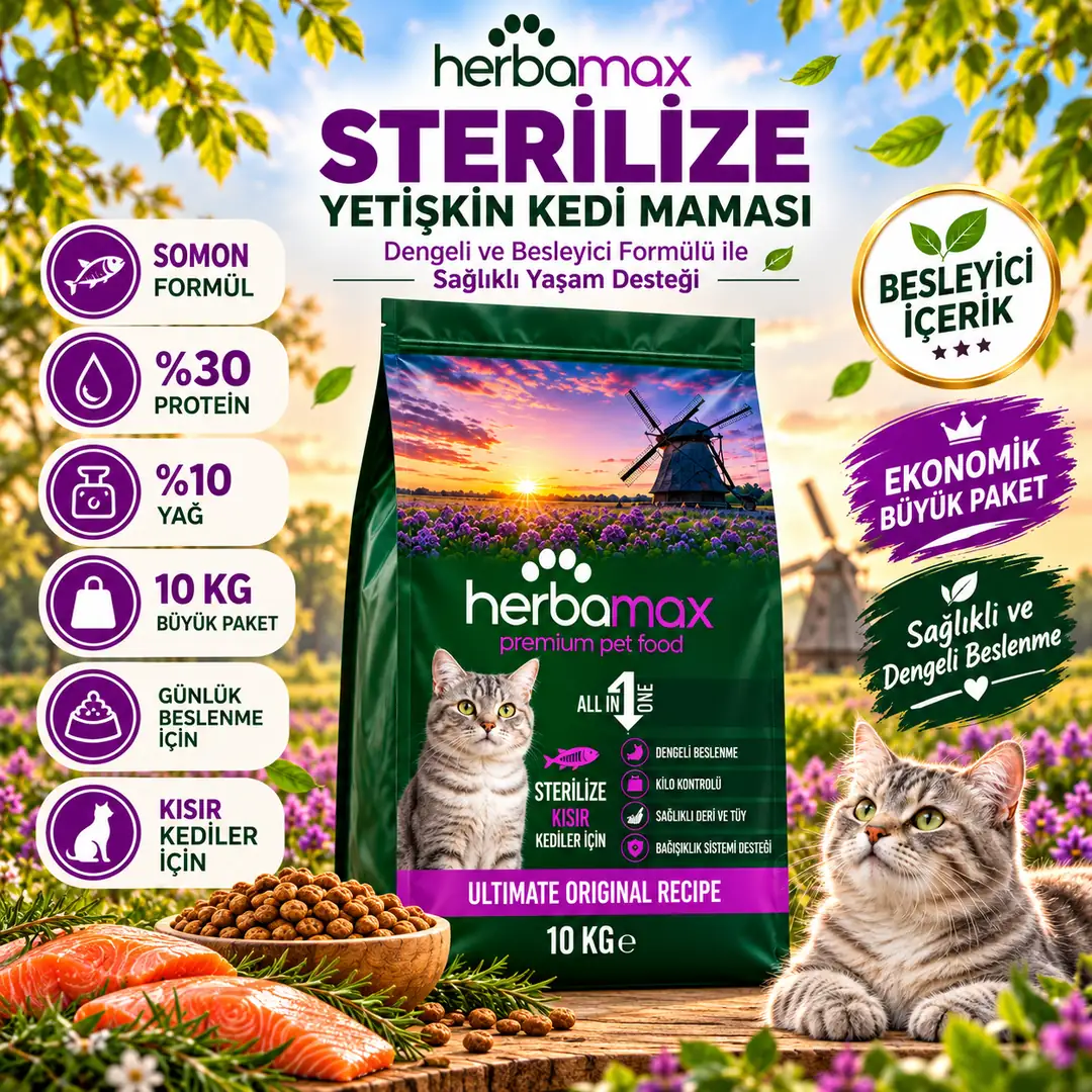 Kilo Dengeleyici Özellikte- Kısırlaştırılmış Somonlu Kedi Maması 10kg