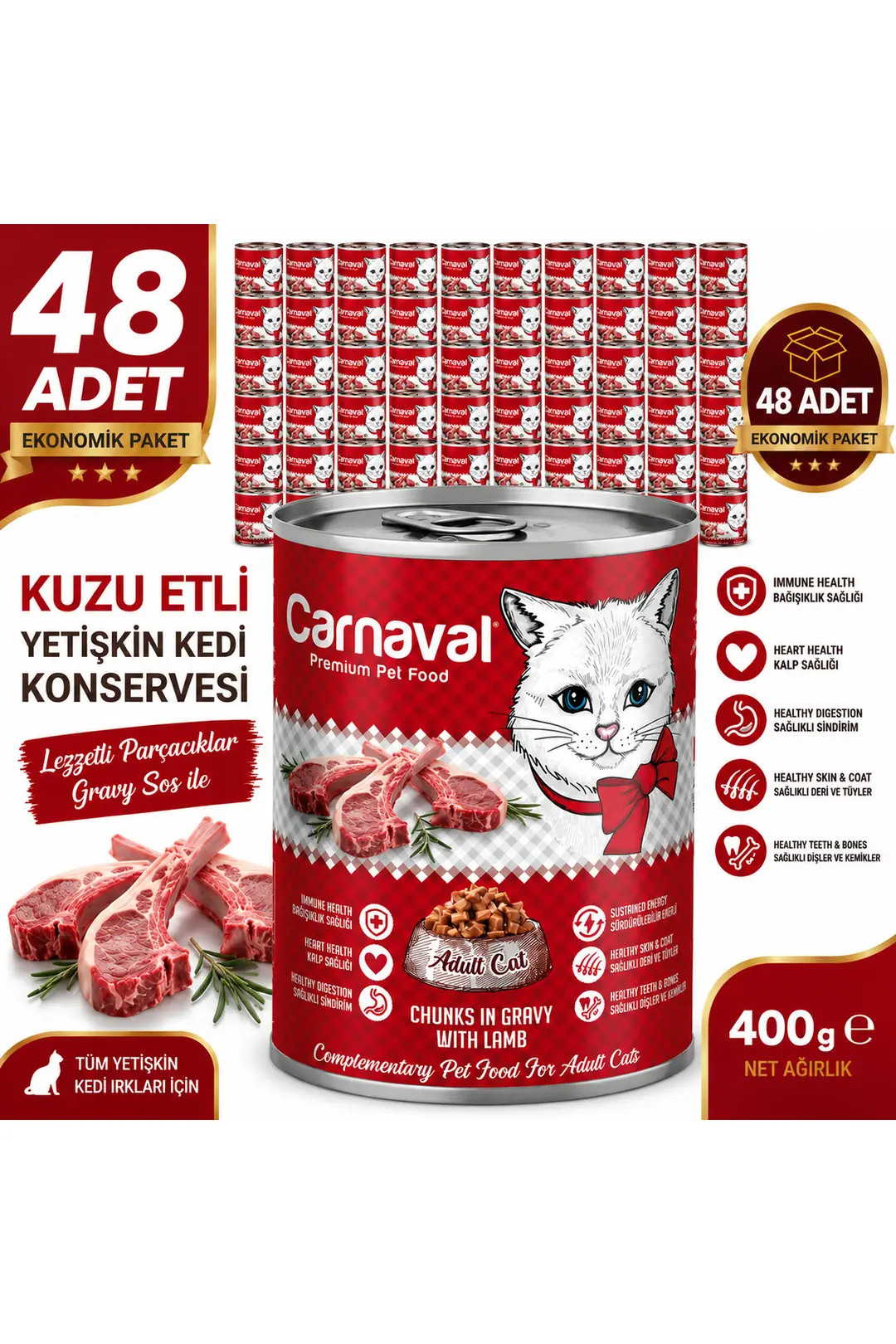 Kaliteli Yaş Mama 48 Adet Yetişkin Kedi Konservesi - Kuzu Etli 400 gr