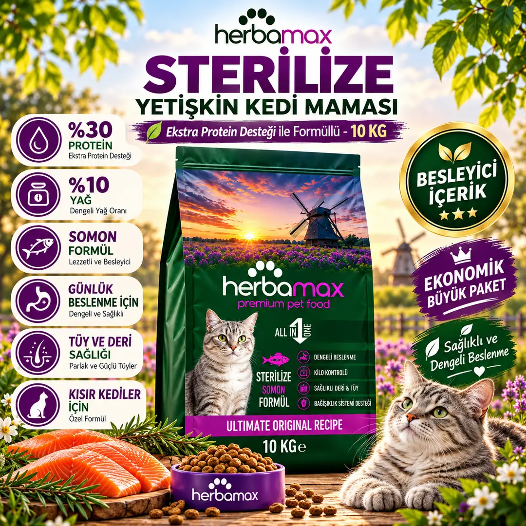 Kilo Dengeleyici Özellikte- Kısırlaştırılmış Somonlu Kedi Maması 10kg