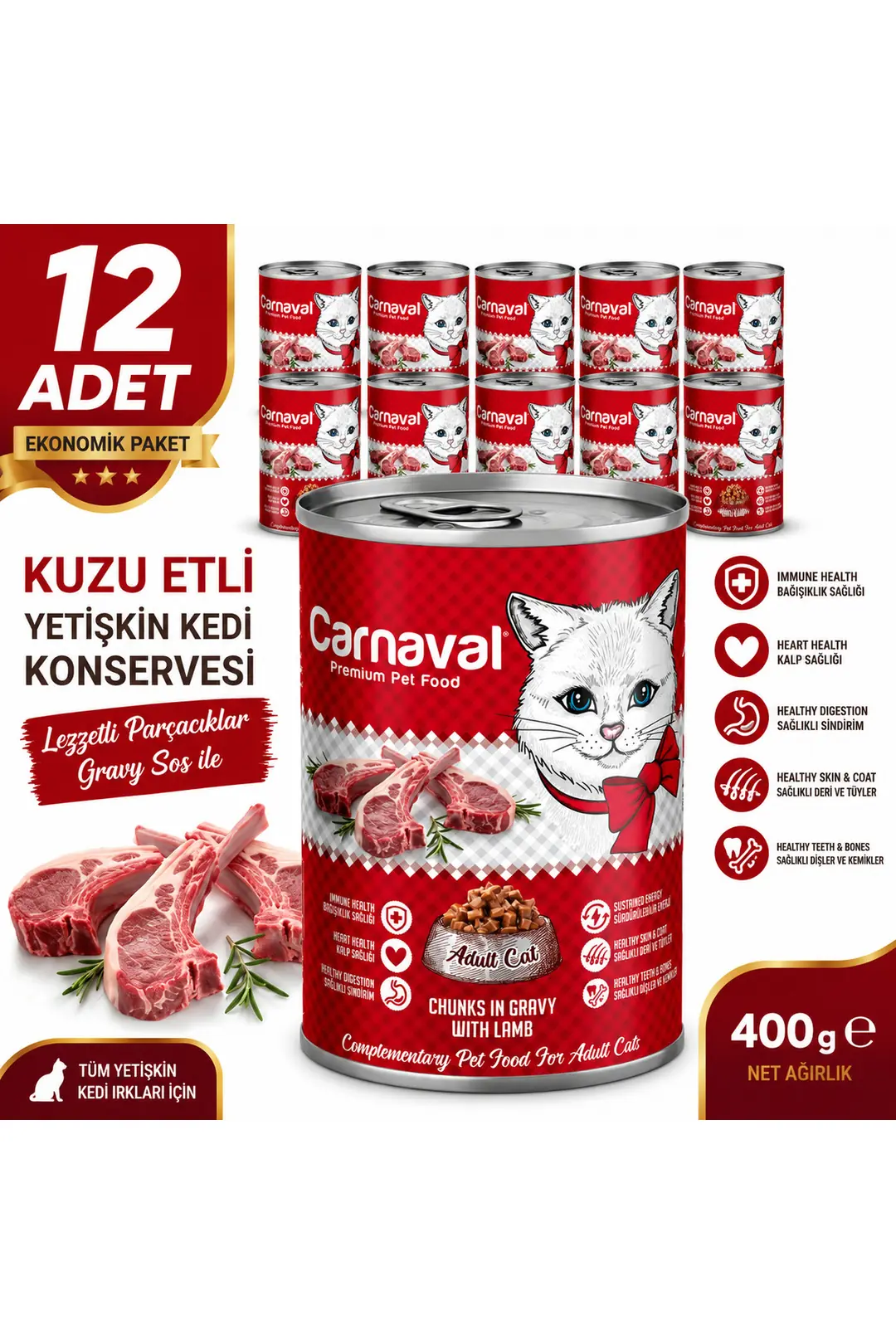 Premium Yetişkin Kedi Konservesi Kuzu Etli 400 gr X 12 Adet