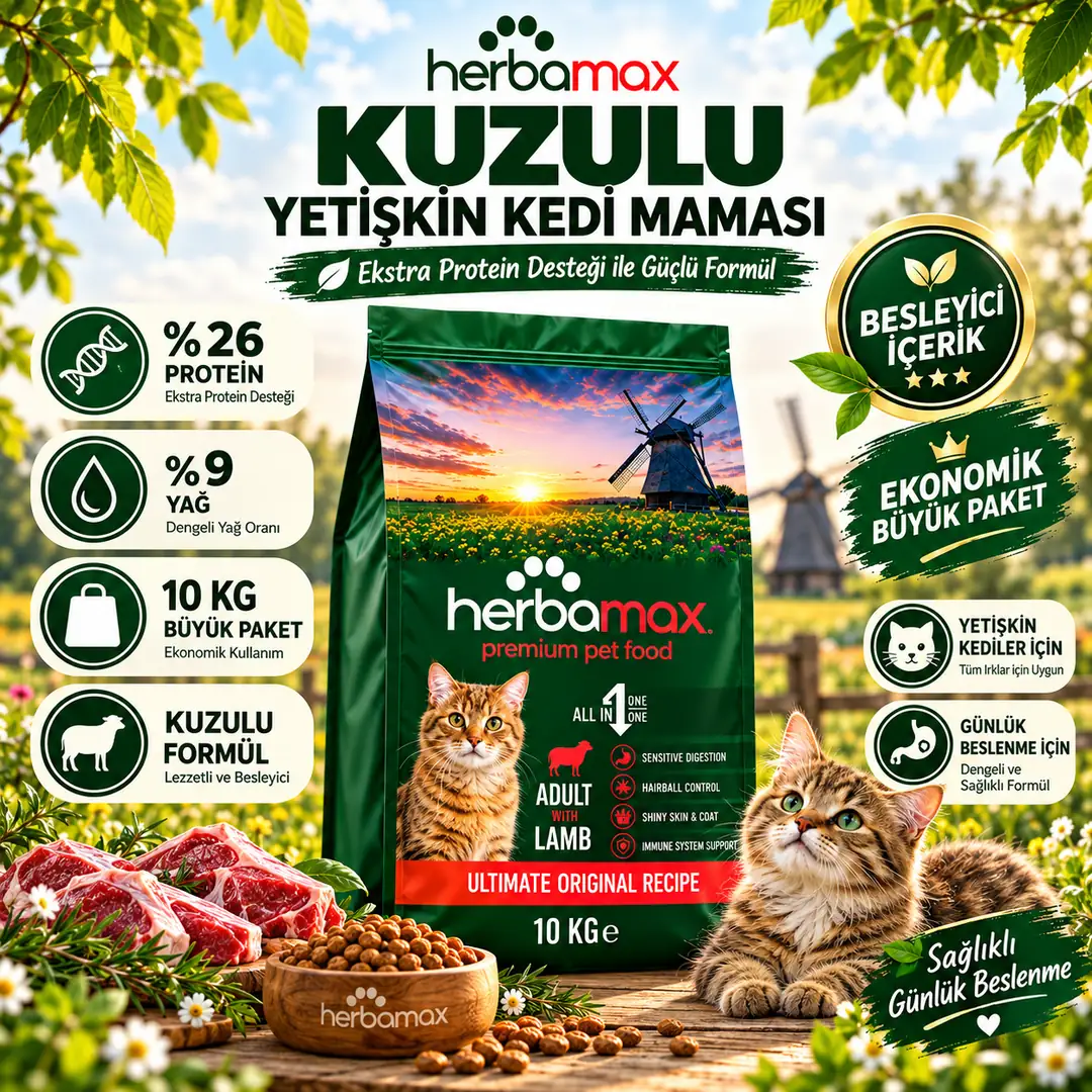 Ekstra Protein Desteği Sayesinde Bünyeyi Güçlendiren Formüllü - Kuzu Etli Yetişkin Kedi Maması 10kg