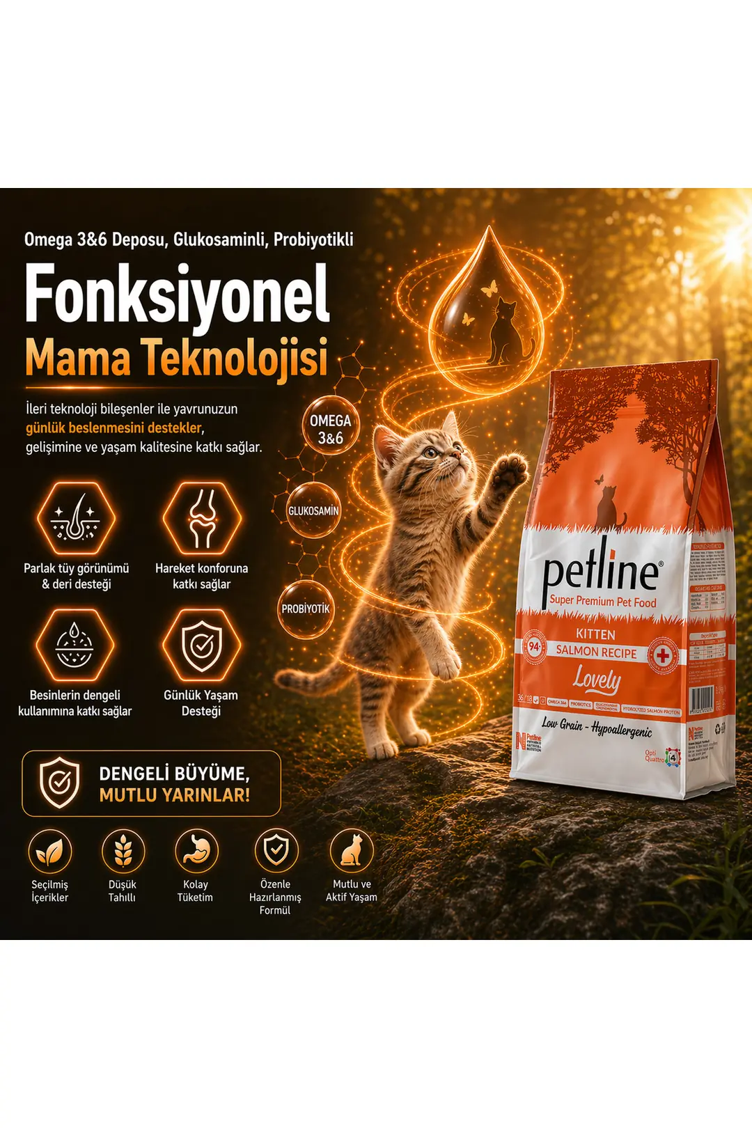 Omega 3&6 Deposu, Glukosaminli, Probiyotikli Yavru ve Yetişkin Kedi Maması 20kg - Lovely