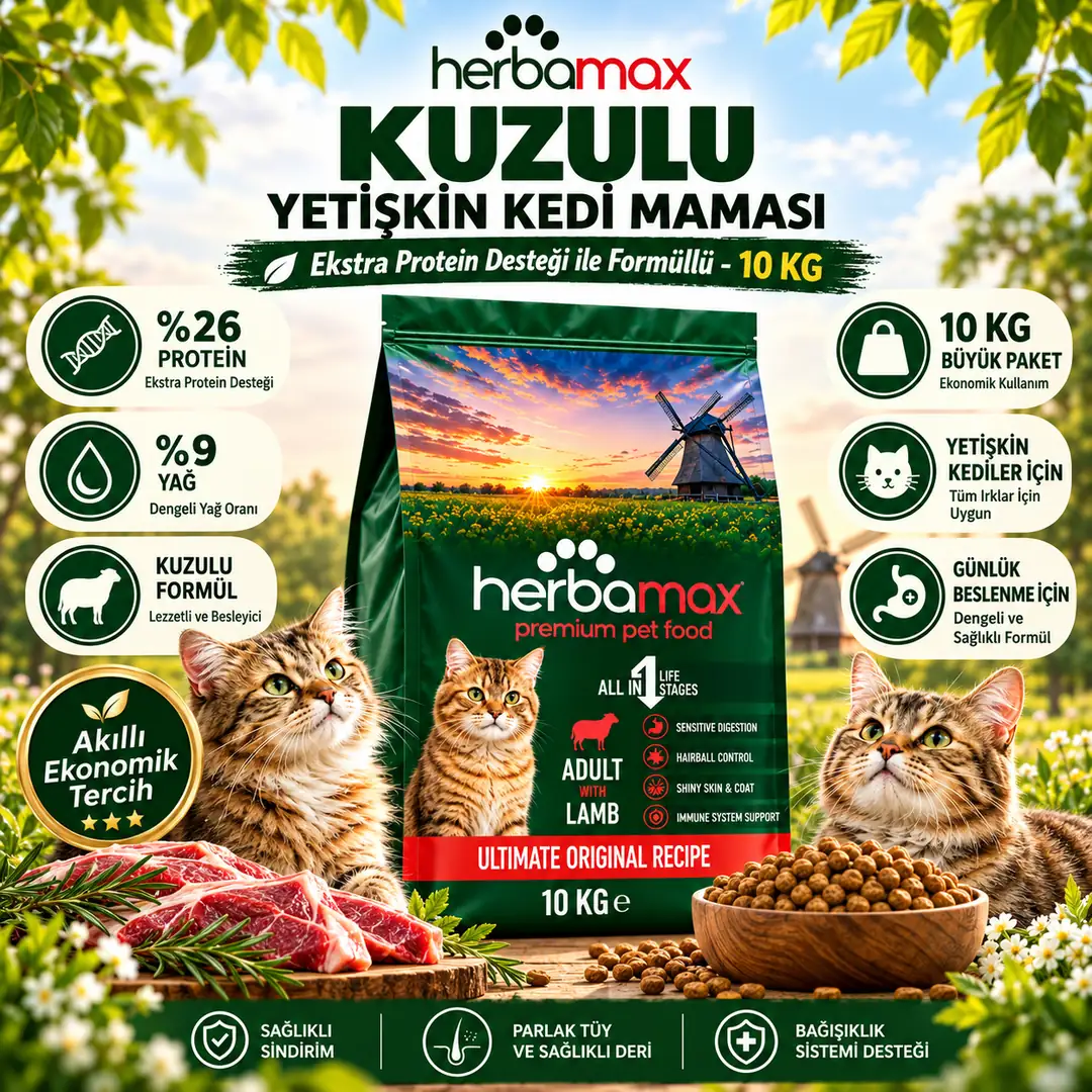 Ekstra Protein Desteği Sayesinde Bünyeyi Güçlendiren Formüllü - Kuzu Etli Yetişkin Kedi Maması 10kg