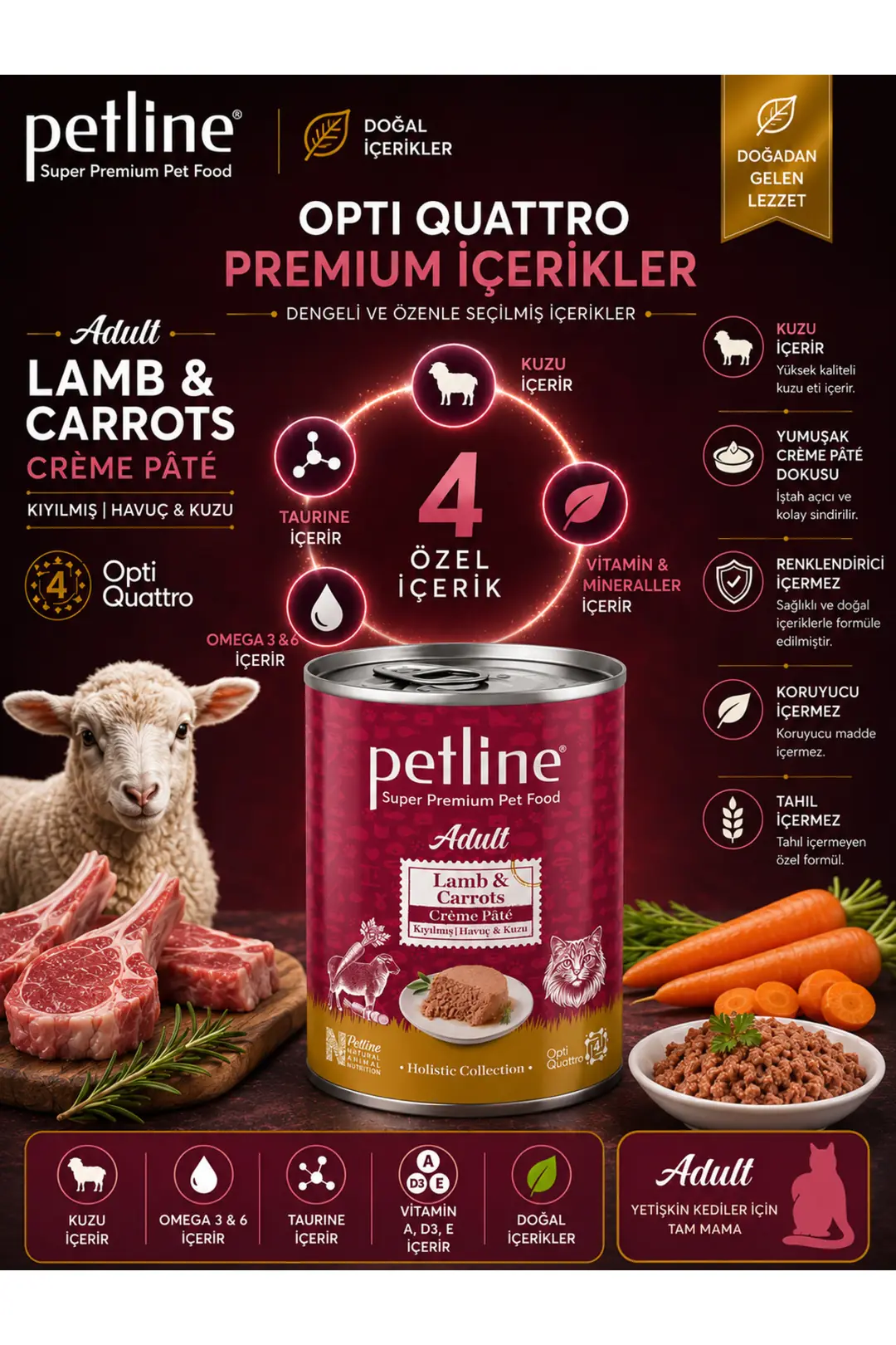 Gold Opti Quattro Nutrition™ Adult Lamb & Carrots Crème Pâté Yetişkin Kedi Konservesi 395 Gr