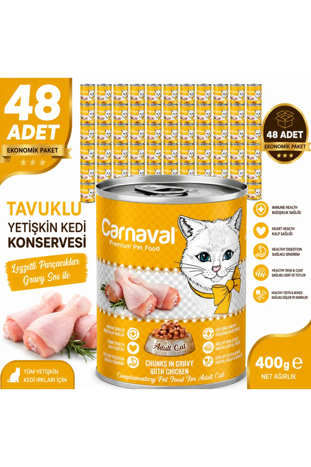 Kaliteli Yaş Mama 48 Adet Yetişkin Kedi Konservesi - Tavuklu 400 gr
