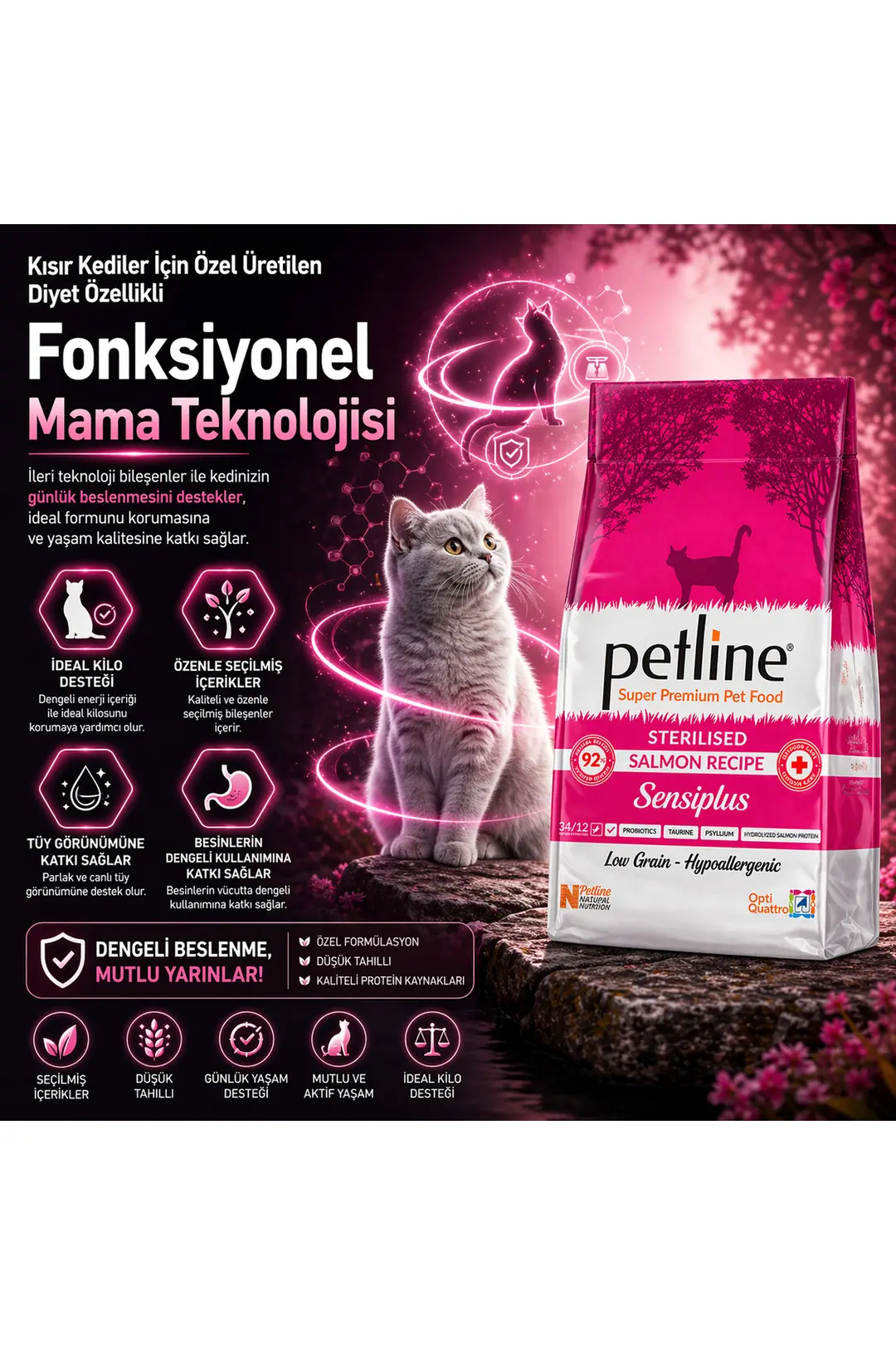 Kilo Almasını Engelleyici Diyet Özellikli Kısır Mama- Somonlu Yetişkin Kedi Maması 1.5kg - Sensiplus