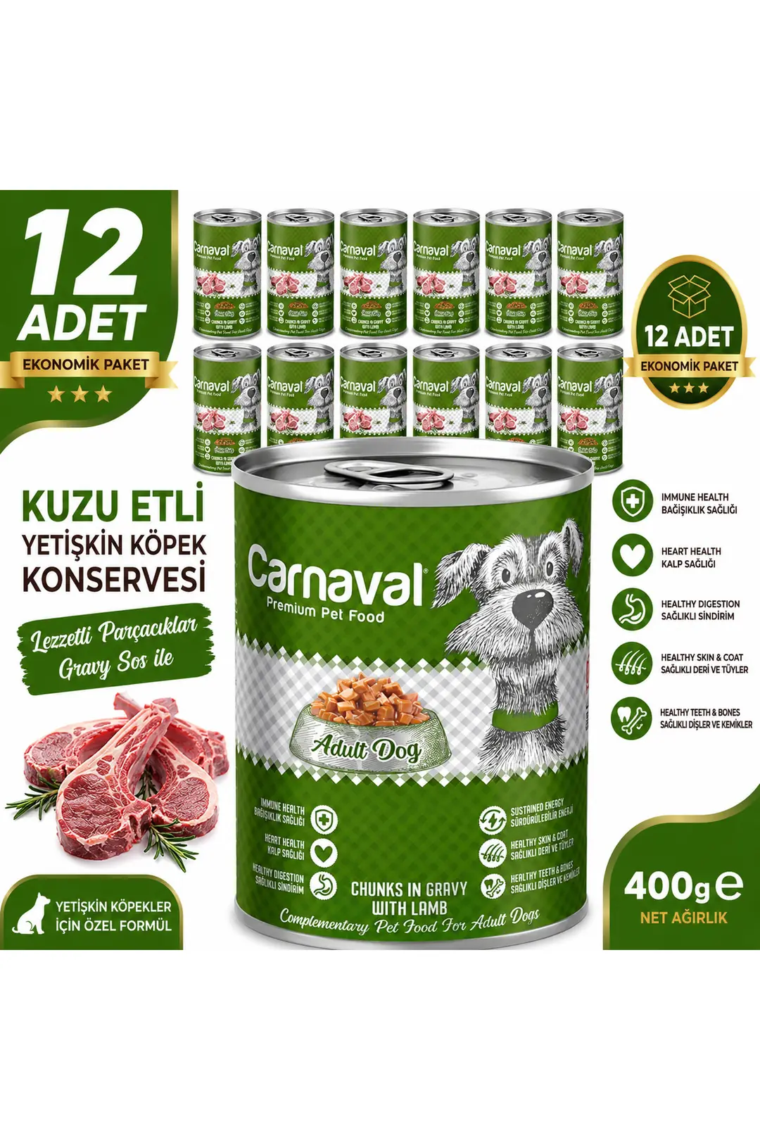 Premium Yetişkin Köpek Konservesi Kuzu Etli 400 gr X 12 Adet