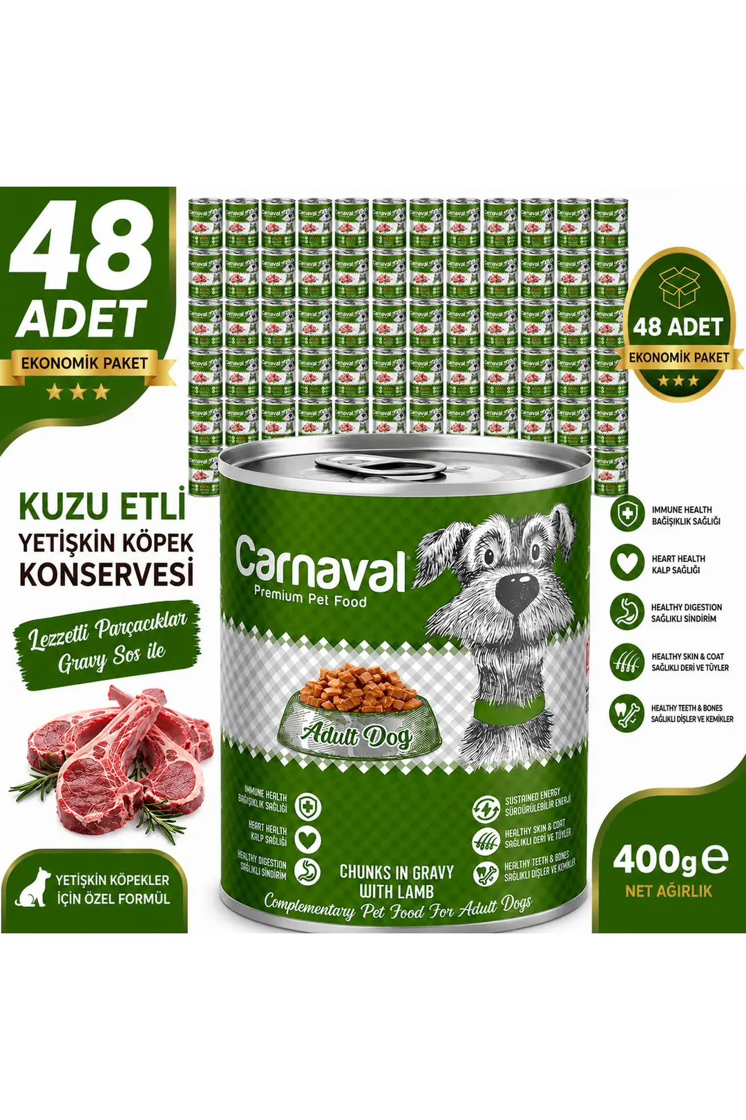 Ekonomik 48 Adet Yetişkin Köpek Konservesi - Kuzu Etli 400 Gr
