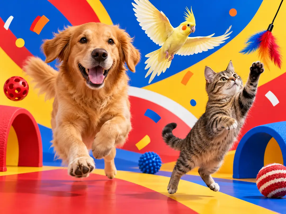 Köpek, kedi ve sultan papağanı canlı renkli bir sahnede birlikte
